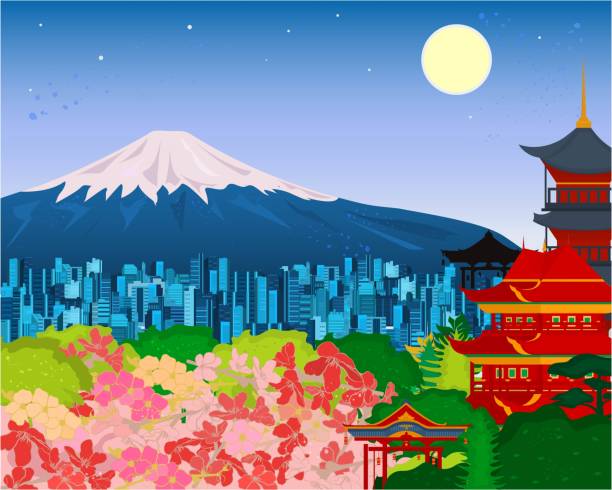 日本の富士山を眺めるベクター画像ポスター。日本の繁体字。都会の眺め。 - tokyo prefecture japan skyline japanese culture点のイラスト素材／クリップアート素材／マンガ素材／アイコン素材