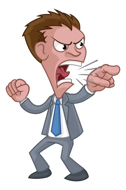 Vector illustration of Angry Boss Business Man In Suit Cartoon Shouting