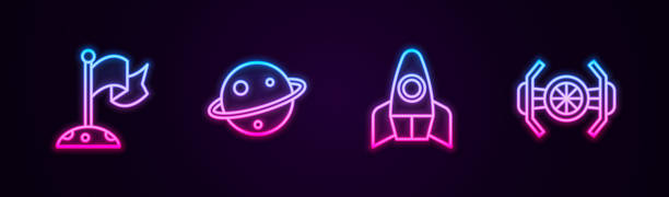 istock Set line Moon with flag, Planet Saturn, Rocket ship and Cosmic. Glowing neon icon. Vector 1480758578