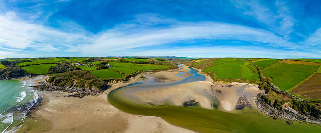 Aerial panorama over Wonwell Beach at Red Cove in Devon