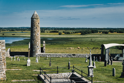 The ruins of Clonmacnoise monastery and tombstones.