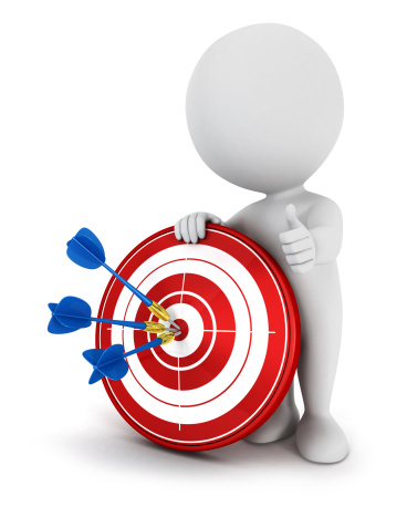 3d white people hit the red target with blue darts, isolated white background, 3d image