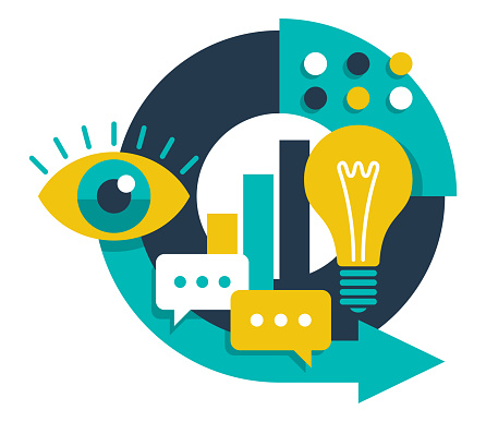Creative startup development or financial report - lightbulb, monitoring eye, chart and diagram