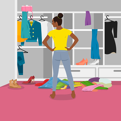 Woman in front of messy untidy wardrobe. Mess and chaos in open closet. Person looking inside cupboard with lot of cluttered, disordered and disorganized clothes storage. Flat vector illustration isolated on white background