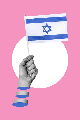 Art collage, Hand with the flag of Israel on a pink background. The concept of an enlightened Israel economy and patriotism.