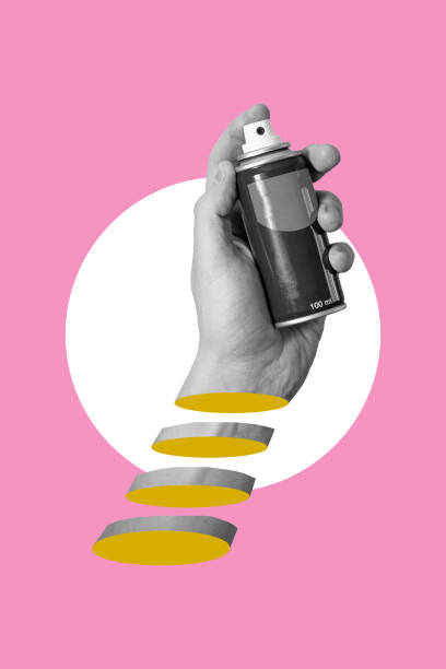 istock Art collage, the hand with spray on pink background. 1480775292