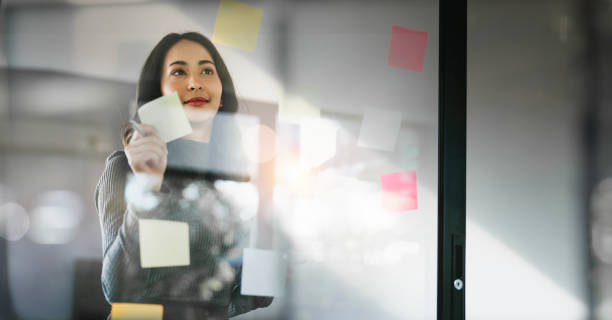 istock Young confident Businesswoman planning with adhesive notes in creative office. 1480781154