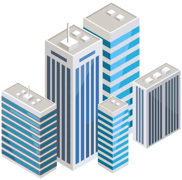 Vector illustration of Set of skyscrapers, constructions, modern buildings. Urban town style architecture, construction