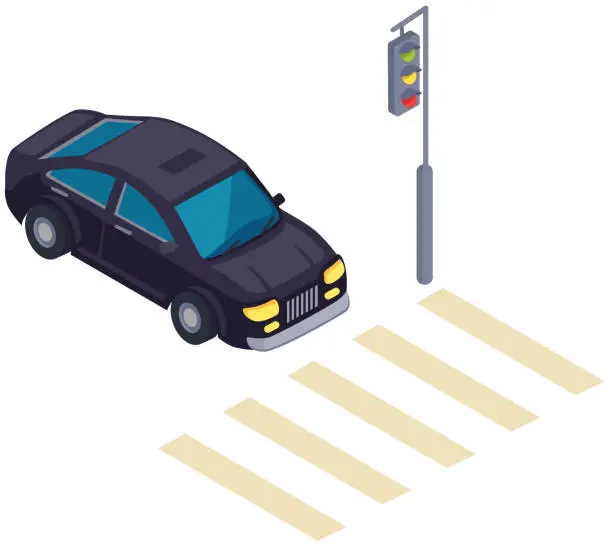 Vector illustration of Automobile stands at traffic light near crosswalk. Driver stops in front of pedestrian crossing