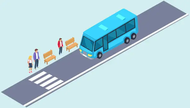 Vector illustration of Vehicle near bus stop with passengers. Urban public transport next to pedestrian crossing