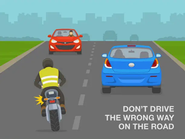 Vector illustration of Safe driving rules and tips. Don't drive the wrong way on the road. Motorcycle rider riding wrong direction on the road.