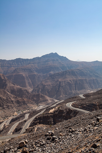 winding road to jebel jais mountain peak in ras al-khaimah, united arab emirates.