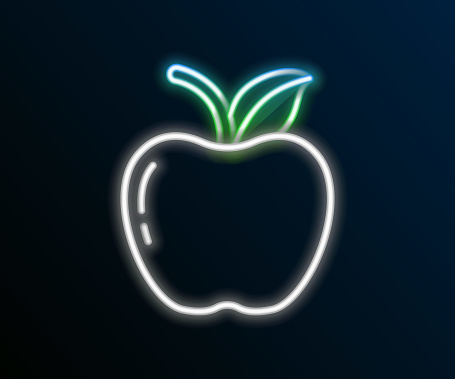 Glowing neon line Apple icon isolated on black background. Fruit with leaf symbol. Colorful outline concept. Vector.