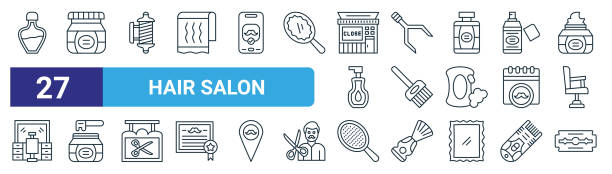 ilustraciones, imágenes clip art, dibujos animados e iconos de stock de conjunto de 27 iconos de peluquería web de contorno como perfume, gel para el cabello, poste de barbero, pinzas, cepillo de tinte para el cabello, cera, cepillo, hoja de afeitar vector iconos de línea delgada para diseño web, aplicación móvil. - computer icon symbol hair gel hair salon