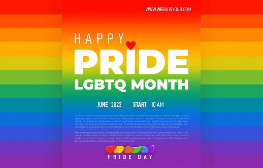 Happy Pride month poster 2023. LGBT, Gay rights. Pride month landing web, banner page template for LGBT rights or social issues event. LGBT Symbols with vector pride flag or Rainbow colored.