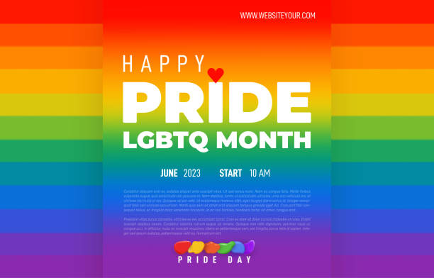 Happy Pride month poster 2023. LGBT, Gay rights. Pride month landing web, banner page template for LGBT rights or social issues event. LGBT Symbols with vector pride flag or Rainbow colored. vector art illustration