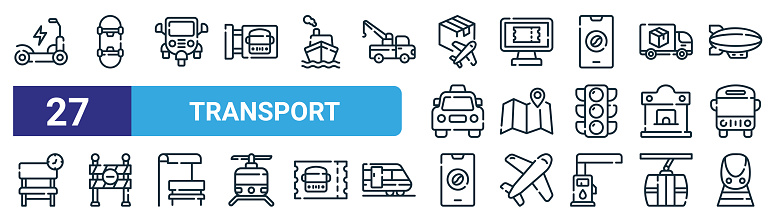 set of 27 outline web transport icons such as electric scooter, skate board, rickshaw, online, location, roadwork, motorcycle, train vector thin line icons for web design, mobile app.