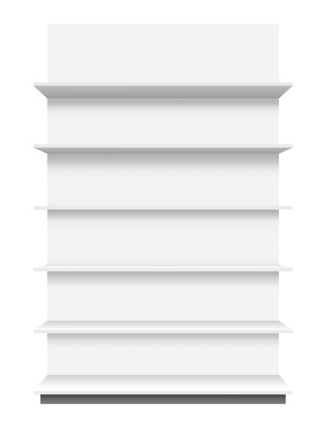 istock Store shelves. Supermarket showcase template. Set of white empty retail shelf rack. Mockup ready for your design. Isolated on white background 1480799003