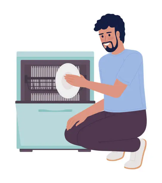Vector illustration of Happy man unloading dishwasher machine semi flat color vector character