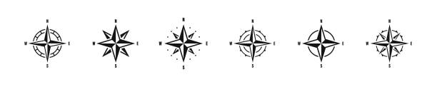 kompass-symbole. windrose. nautische karte. kompass-symbolsammlung. west ost nord süd richtung icons gesetzt. vektor grapic - compass compass rose north direction stock-grafiken, -clipart, -cartoons und -symbole