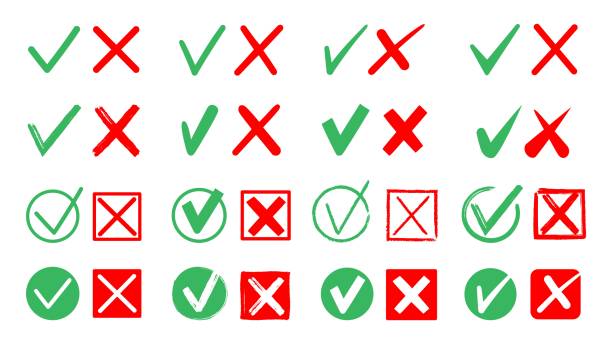 Green and red check marks. Cross and tick elements check list, yes or no checking indicators, right or wrong answers icon on white background. Vector set Green and red check marks. Cross and tick elements check list, yes or no checking indicators, right or wrong answers icon on white background. Vector set. Round and square checkbox checkbox yes asking right stock illustrations