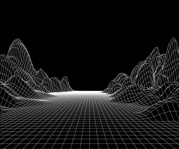Vector illustration of Mountains and road grid. 3d map route polygonal landscape. Futuristic space wireframe with mountain. Retrowave wallpaper with highway. Vector background