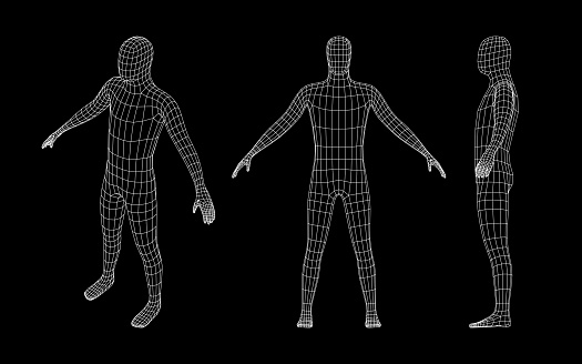 Man body grid. Human wireframe 3d model, polygonal simple male mesh. Retro futuristic isolated virtual character. Vector set. Generated digital person hologram, modern technology progress