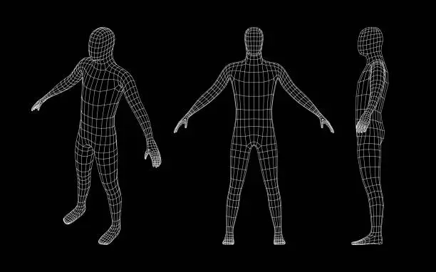 Vector illustration of 2303.m03.i002.n027.P.c20.Man body grid. Human wireframe 3d model, polygonal simple male mesh. Retro futuristic isolated virtual character. Vector set