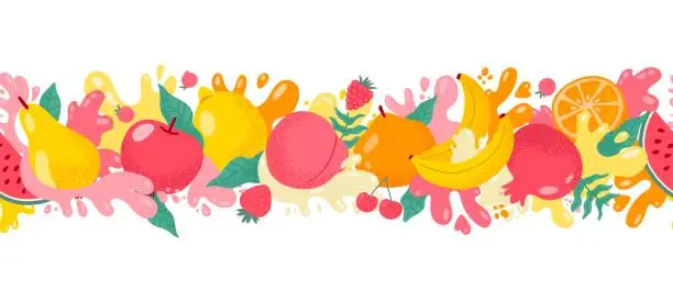 Vector illustration of Fruit and berries juice splash border. Seamless pattern with sweet fruit and berry, fresh juicy splashes apple, banana, pear, peach. Vector illustration