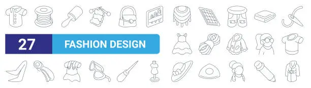 Vector illustration of set of 27 outline web fashion design icons such as shirt, thread, lint roller, cutting mat, wool, rotary cutter, pamela hat, trench coat vector thin line icons for web design, mobile app.