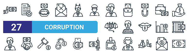 set of 27 outline web corruption icons such as refuse, contract, trap, pocket, prisioner, bribe, ballot box, money vector thin line icons for web design, mobile app.