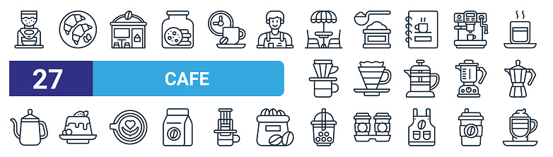 set of 27 outline web cafe icons such as coffee grinder, croissant, cafe, measuring spoon, coffee filter, panna cotta, bubble tea, latte chiato vector thin line icons for web design, mobile app.