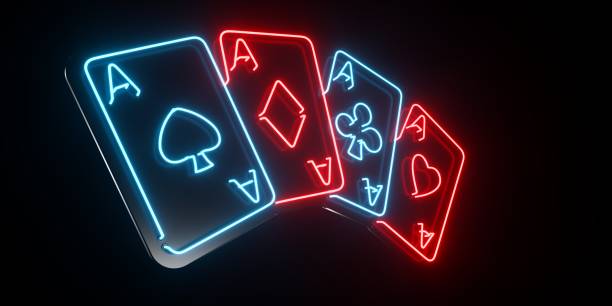 istock Futuristic Black And Red, Blue Neon Sign Four Aces Playing Cards - 3D Illustration 1480807521