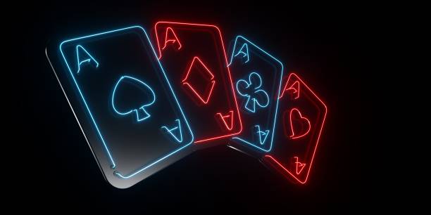 istock Futuristic Black And Red, Blue Neon Sign Four Aces Playing Cards - 3D Illustration 1480807523