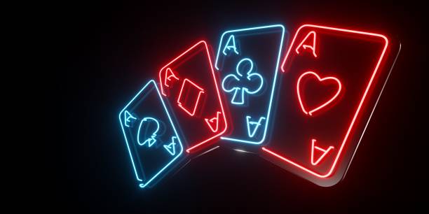 istock Futuristic Black And Red, Blue Neon Sign Four Aces Playing Cards - 3D Illustration 1480807530