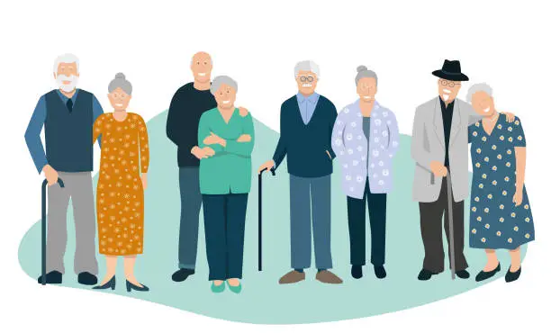 Vector illustration of vector illustration showing a group of characters representing elderly couples. Retirement concept