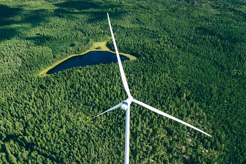 Windmills, wind turbines. Aerial view of windmills in green summer forest in Finland. Wind turbines for electric power with clean and Renewable Energy