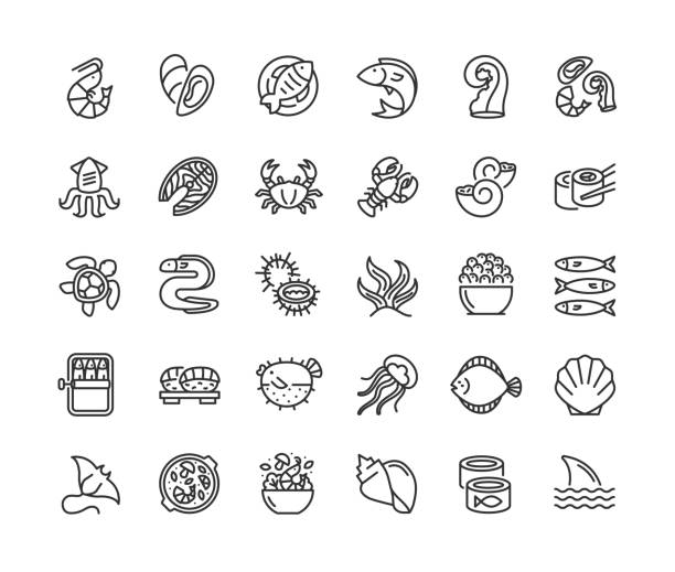 ilustrações de stock, clip art, desenhos animados e ícones de seafood line icons editable stroke - lobster seafood prepared shellfish crustacean