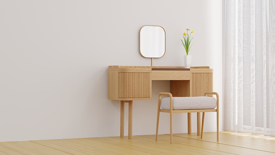 3D Rendering Wood Dressing Table in Minimal Living Room