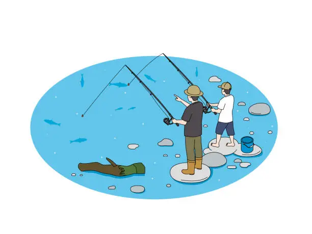 Vector illustration of People fishing for river fish