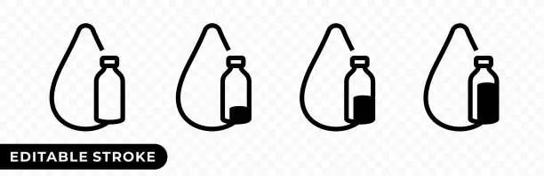 Vector illustration of Drop of water with an empty, full and almost filled plastic bottle of liquid vector icon. Editable stroke icon of water droplet and bottle