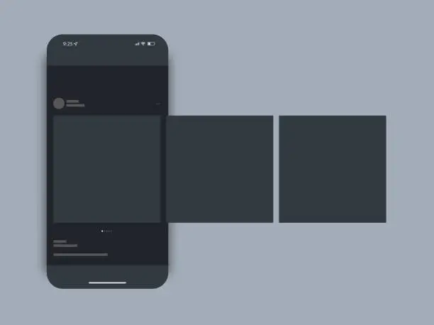 Vector illustration of Social network post mockup dark theme. UI template dark design for smartphone similar to Iphone with app slider