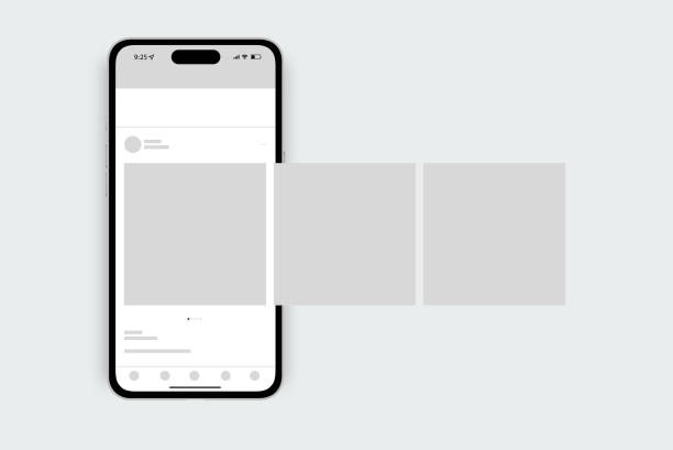 illustrazioni stock, clip art, cartoni animati e icone di tendenza di mockup dei post sui social network. smartphone con l'interfaccia utente del carosello della rete di social media più diffusa - rete sociale