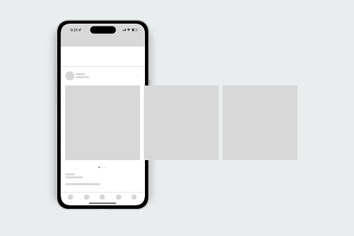 Popular social network application slider user interface post template with a carousel on a frontal phone mockup