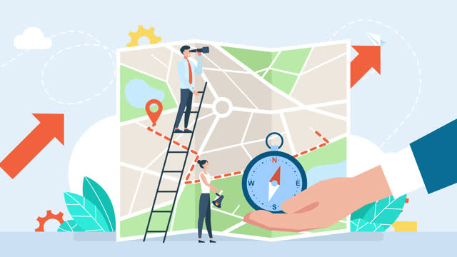 Folded City map. GPS navigator. Tiny Characters Orienteering at Huge Paper Map. Businessman with Compass Searching Correct Way. Geolocation Pin. GPS Navigation. 2d flat bright animation. Cartoon