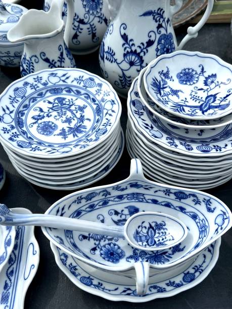 istock blue and white porcelain plates and dishes on table 1480815978