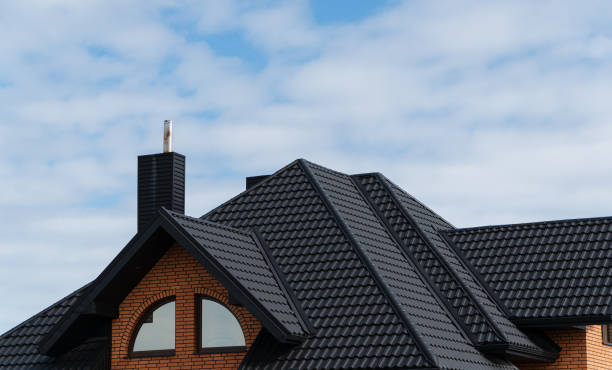 istock Black metal profile roof installed on a modern house 1480817266