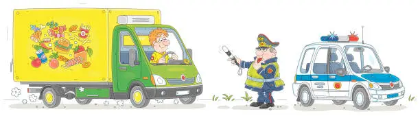 Vector illustration of Funny traffic policeman stopping a truck on a road