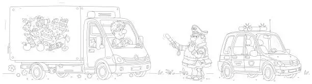 Vector illustration of Funny traffic policeman stopping a truck on a road