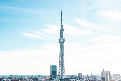 Tokyo Sky tree overlooking rooftops of homes cityscape in Japan